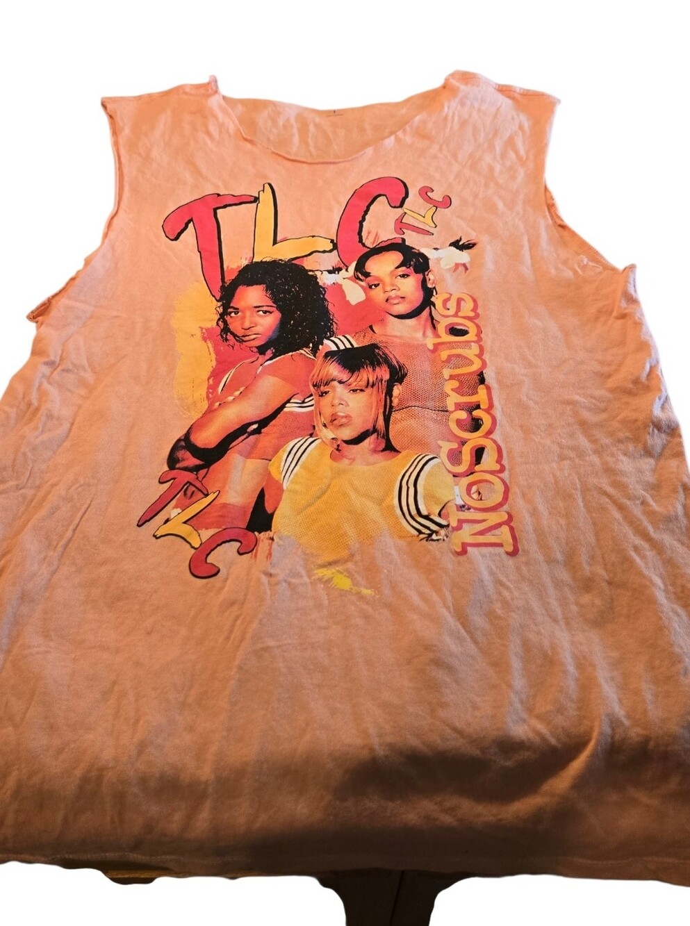 TLC Graphic Muscle Tank Top - Peach with Yellow & Pink Print Small